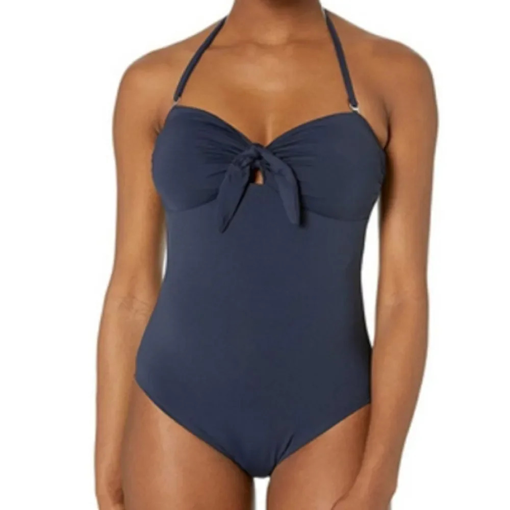 Michael Kors Navy Blue Tie Front Bandeau One-Piece swimsuit size 10 - Picture 3 of 10